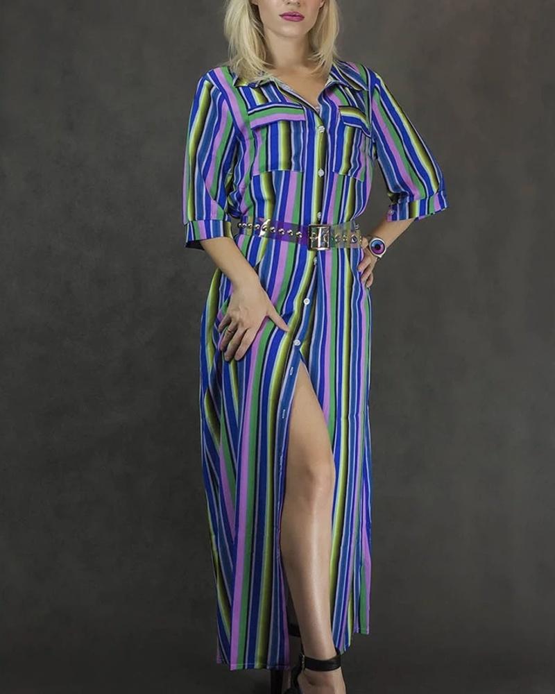 Women's Shirt Dress - Button Down - Short Sleeve - Relaxed Fit - Midi Length