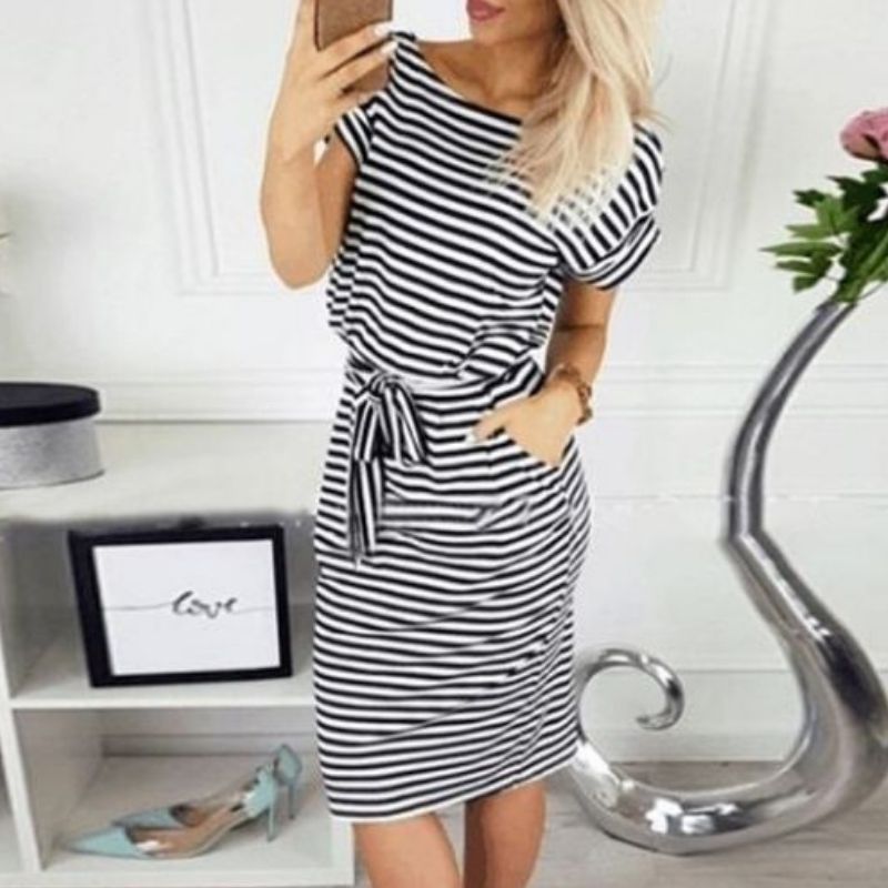 Women's Striped Dress - Short Sleeve - Knee-Length with Waist Tie - Casual Fit