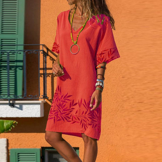 Women's Dress - Loose Fit V-Neck - Short Sleeve Knee-Length Boho Style