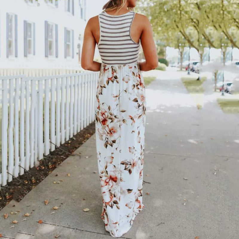 Women's Maxi Dress - Sleeveless Striped Bodice - Floral Flowy Skirt - With Pockets