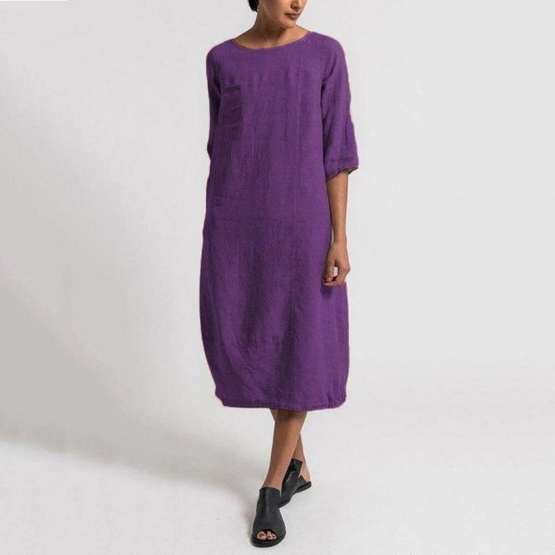 Women's Midi Dress - Linen Blend - 3/4 Sleeve Loose Fit - Breathable Casual Wear