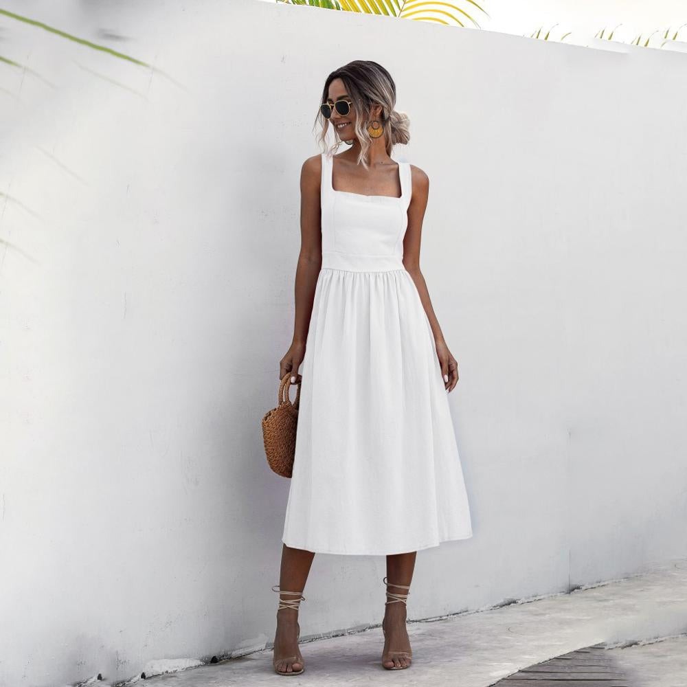 Women's Midi Dress - Sleeveless A-Line - Square Neck - Fitted Waist Elegant Style