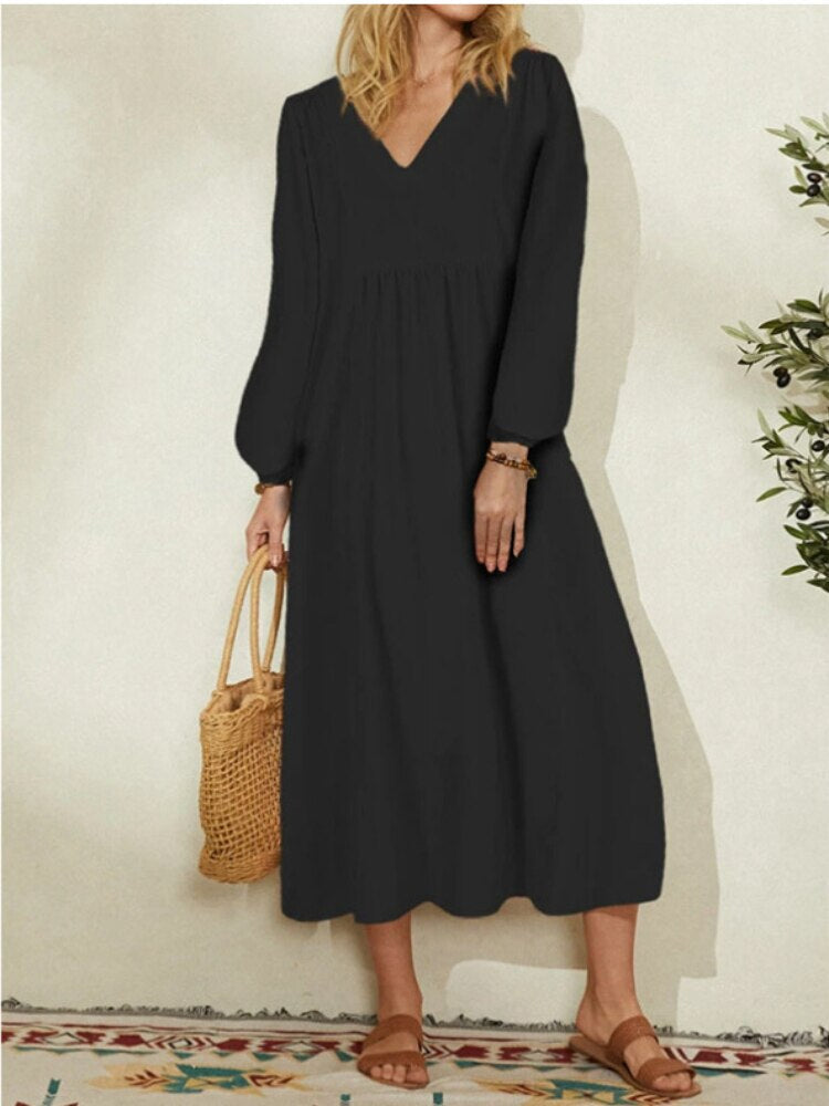 Women's Maxi Dress - V-Neck - Long Puff Sleeves - Flowy Elegant Silhouette