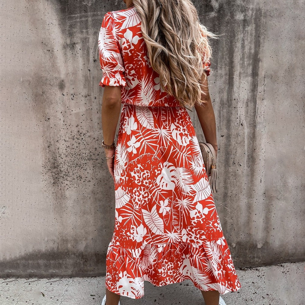 Women's Midi Wrap Dress - Floral Print - Short Sleeve - V-Neck, Waist-Tie Elegant Fit