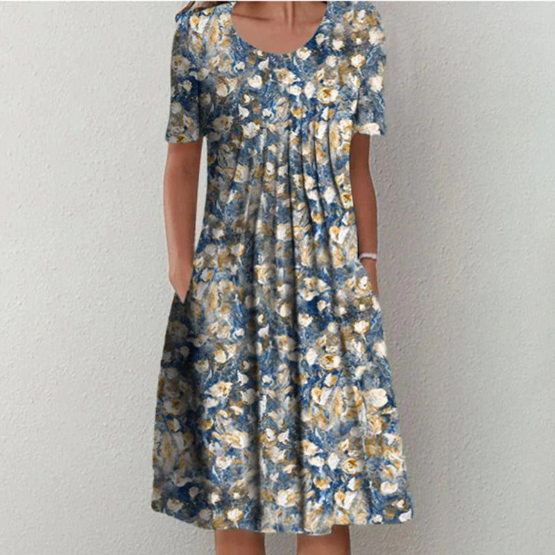 Women's Floral Dress - A-Line Flowy Fit - Short Sleeve Round Neck - with Pockets