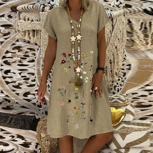 Women's Casual Dress - Loose Fit V-Neck - Short Sleeve Lightweight Embroidered Style