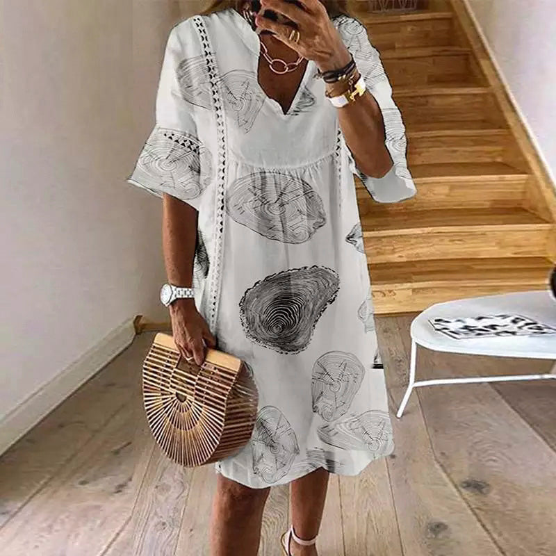 Women's V-Neck Dress - Loose Fit - Elbow Sleeve - Abstract Pattern - Lace Detail