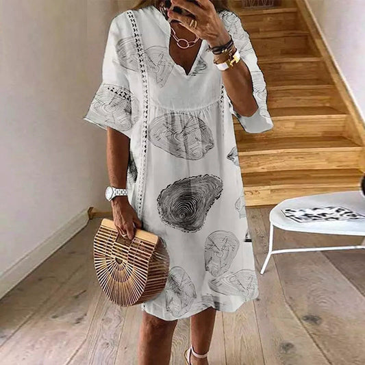 Women's V-Neck Dress - Loose Fit - Elbow Sleeve - Abstract Pattern - Lace Detail