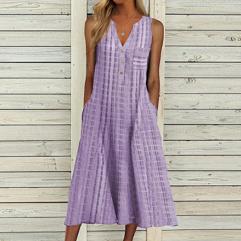 Women's Sleeveless Midi Dress - V-Neck Button Front - Flowy Fit with Pockets