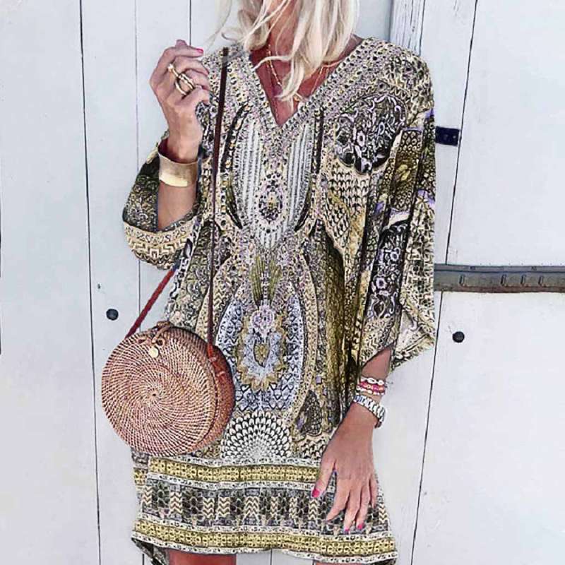 Women’s Kaftan Dress - Bohemian Loose Fit - V-Neck Flowy Wide Sleeve Elegant Style