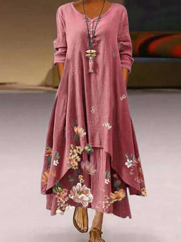 Women's Maxi Dress - Floral Print - Long Sleeve - Flowy A-Line Elegant Fit