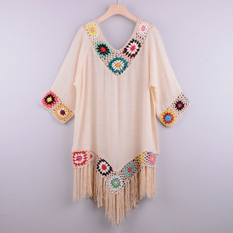 Women's Boho Beach Cover-Up - Lightweight Crochet Tunic - V-Neck, 3/4 Sleeve, Fringe Hem