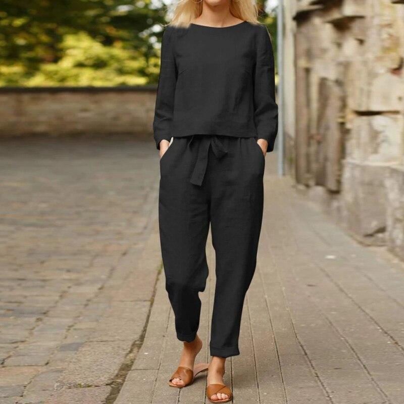Women's Two-Piece Linen Set - Loose Fit Top & High-Waisted Pleated Pants