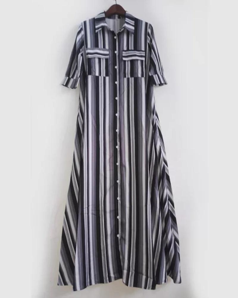 Women's Shirt Dress - Button Down - Short Sleeve - Relaxed Fit - Midi Length