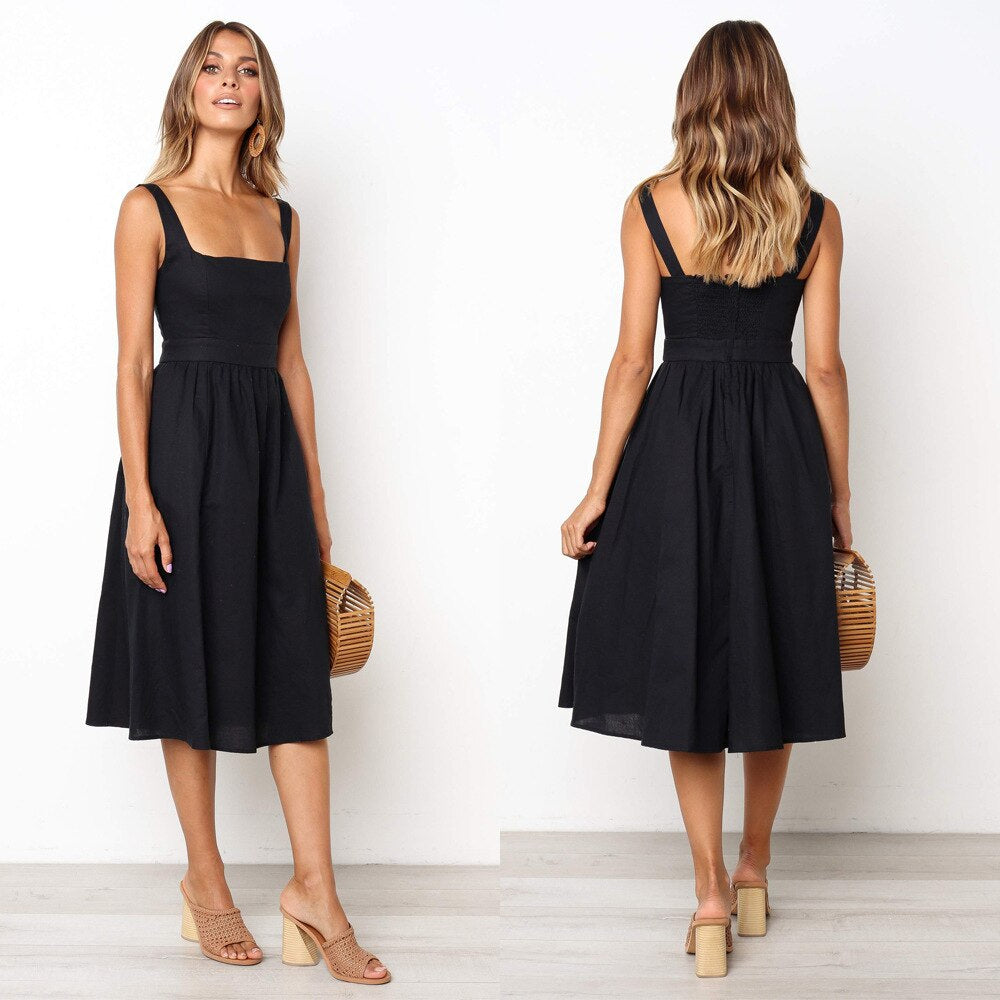 Women's Midi Dress - Sleeveless A-Line - Square Neck - Fitted Waist Elegant Style