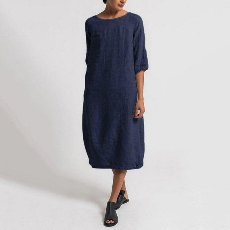 Women's Midi Dress - Linen Blend - 3/4 Sleeve Loose Fit - Breathable Casual Wear