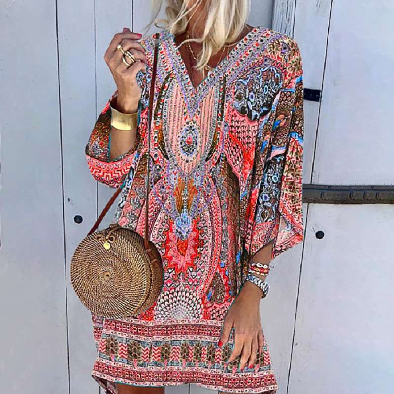Women’s Kaftan Dress - Bohemian Loose Fit - V-Neck Flowy Wide Sleeve Elegant Style