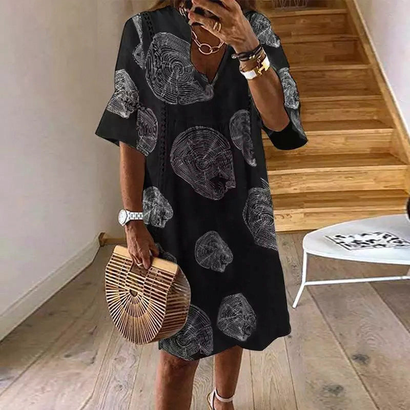 Women's V-Neck Dress - Loose Fit - Elbow Sleeve - Abstract Pattern - Lace Detail