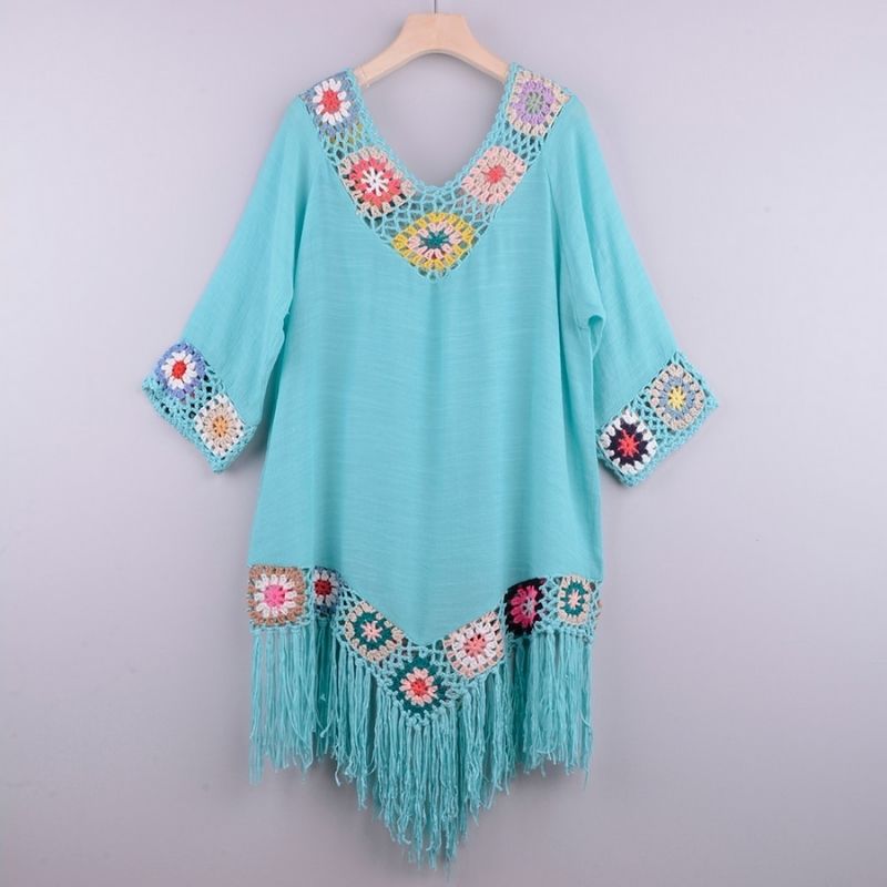 Women's Boho Beach Cover-Up - Lightweight Crochet Tunic - V-Neck, 3/4 Sleeve, Fringe Hem
