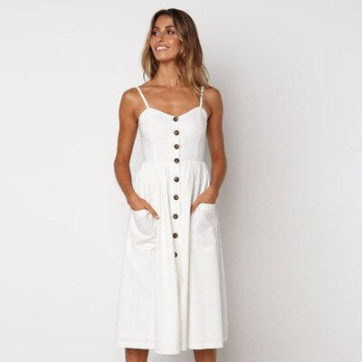 Women's Sundress - Button-Down Midi - Spaghetti Straps - A-Line with Pockets