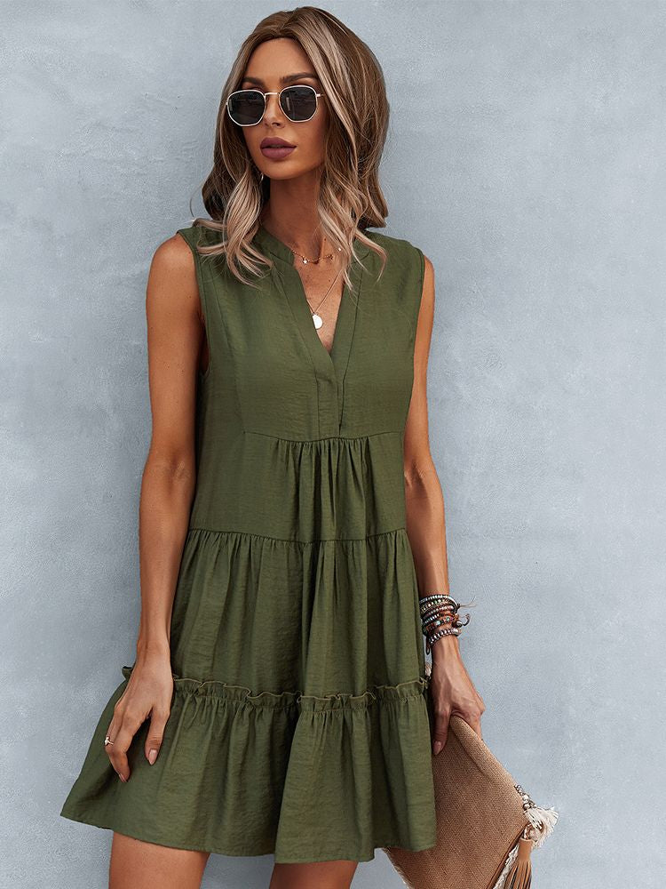 Women's Tiered Dress - Sleeveless V-Neck - Flowing Lightweight Casual Wear