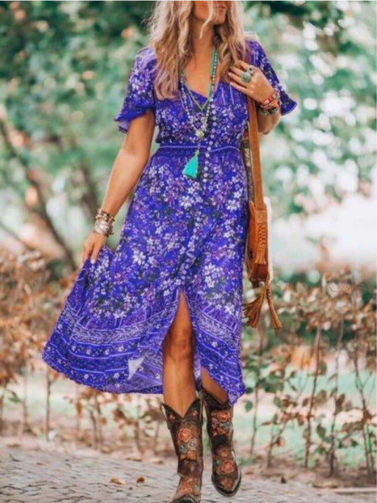 Women's Maxi Dress - Bohemian Print - V-Neck - Short Flutter Sleeves - Flowy Fit