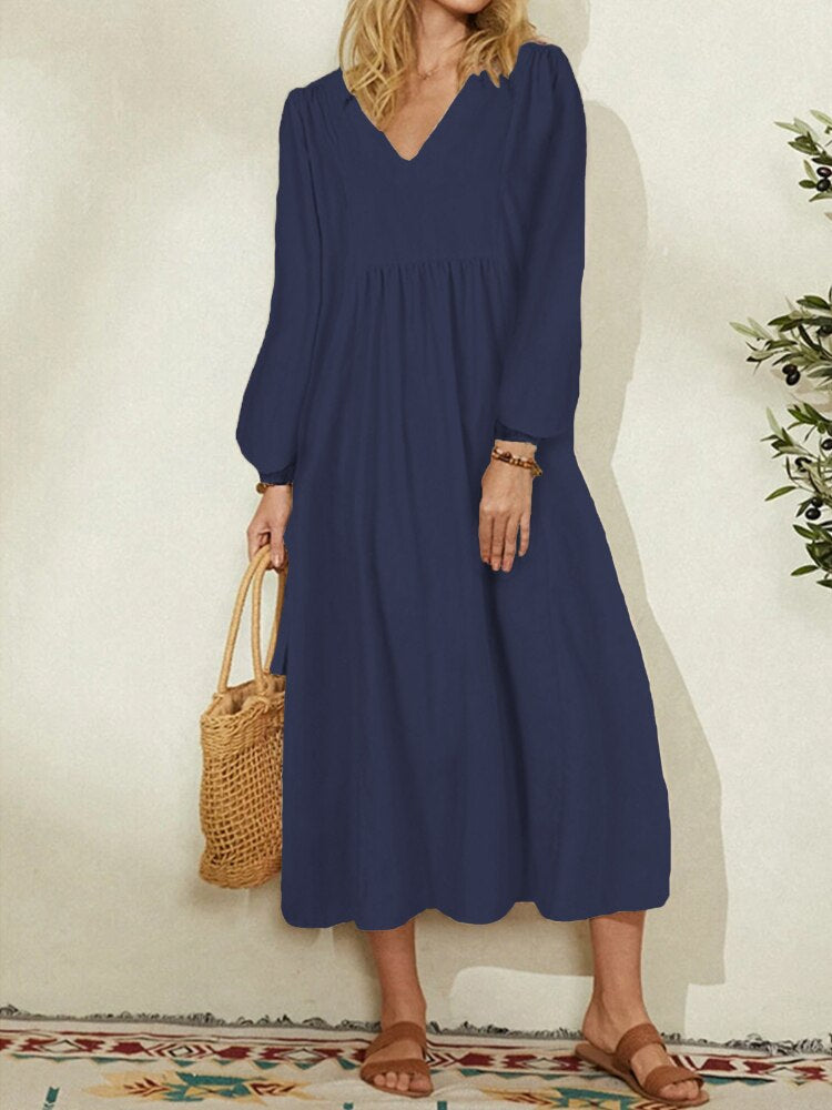 Women's Maxi Dress - V-Neck - Long Puff Sleeves - Flowy Elegant Silhouette