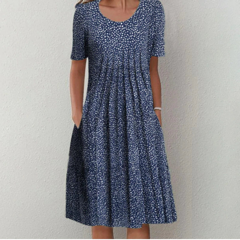 Women's Floral Dress - A-Line Flowy Fit - Short Sleeve Round Neck - with Pockets