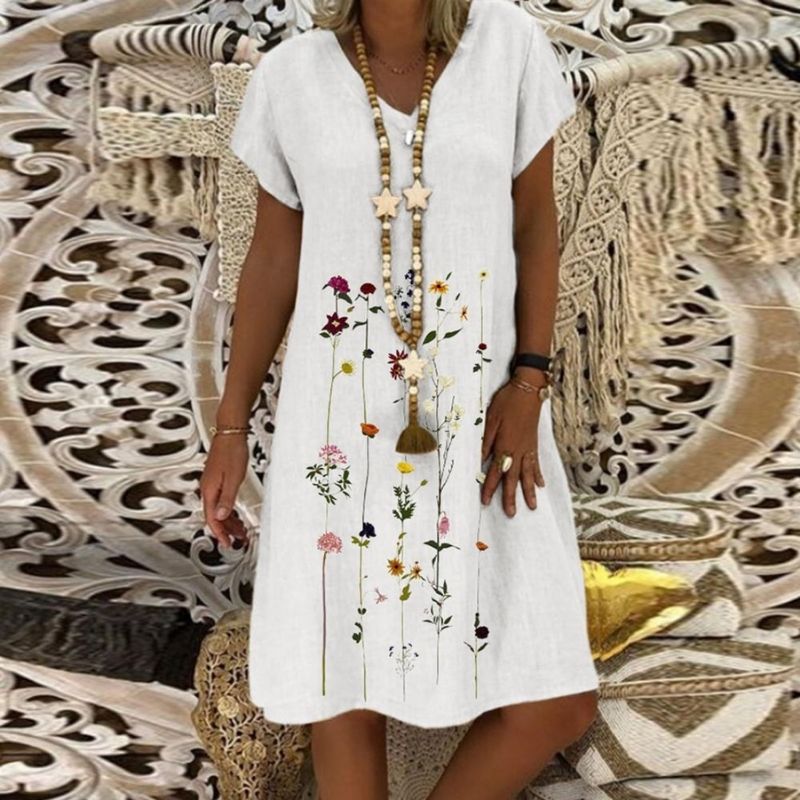 Women's Casual Dress - Loose Fit V-Neck - Short Sleeve Lightweight Embroidered Style