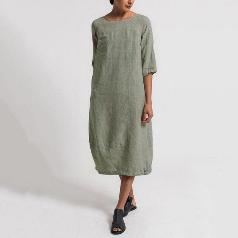 Women's Midi Dress - Linen Blend - 3/4 Sleeve Loose Fit - Breathable Casual Wear