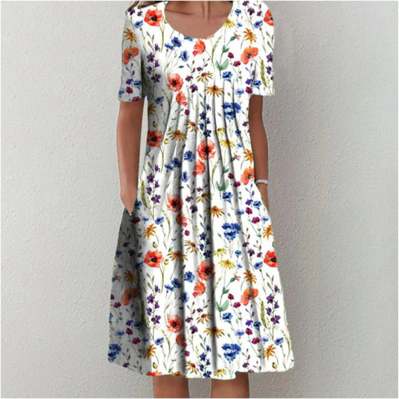 Women's Floral Dress - A-Line Flowy Fit - Short Sleeve Round Neck - with Pockets