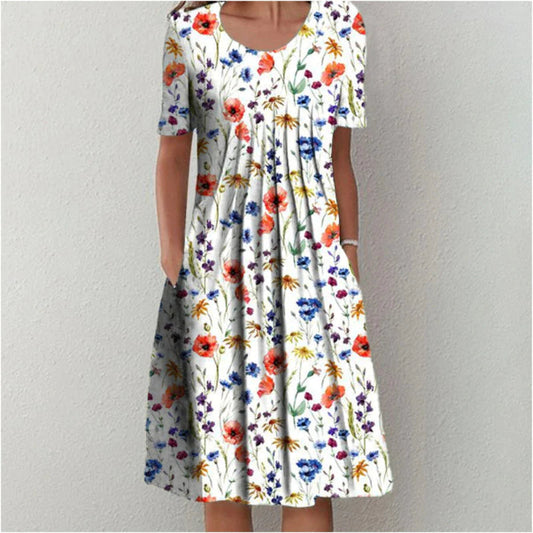 Women's Floral Dress - A-Line Flowy Fit - Short Sleeve Round Neck - with Pockets