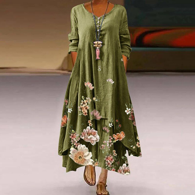 Women's Maxi Dress - Floral Print - Long Sleeve - Flowy A-Line Elegant Fit