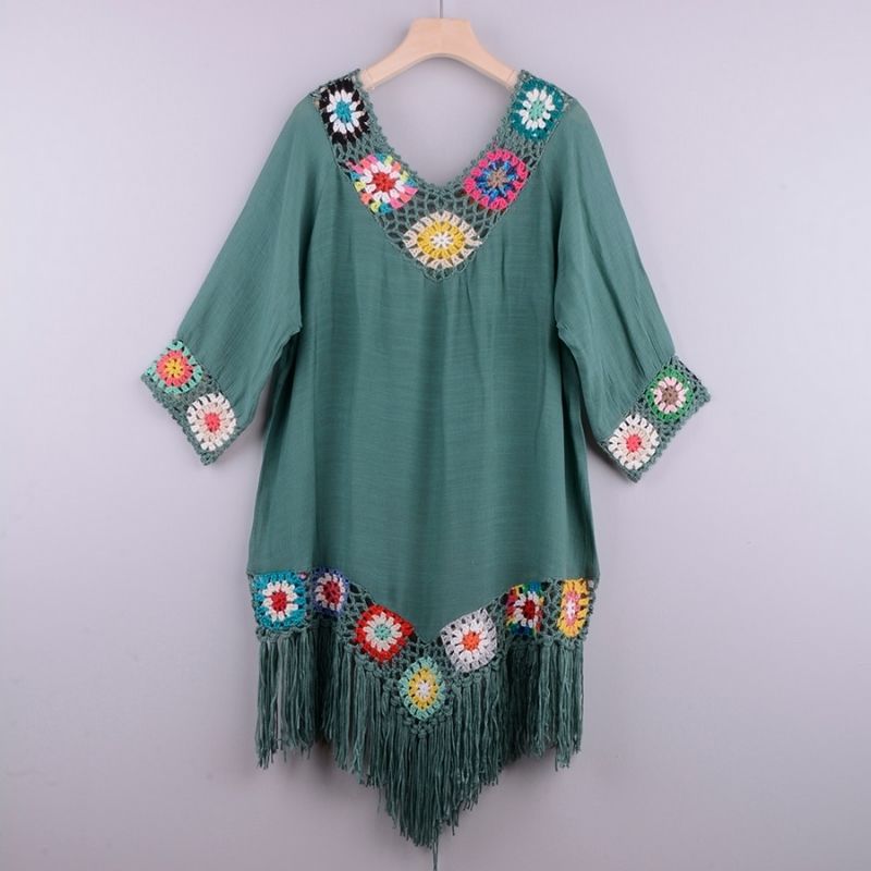 Women's Boho Beach Cover-Up - Lightweight Crochet Tunic - V-Neck, 3/4 Sleeve, Fringe Hem