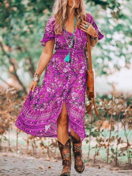 Women's Maxi Dress - Bohemian Print - V-Neck - Short Flutter Sleeves - Flowy Fit