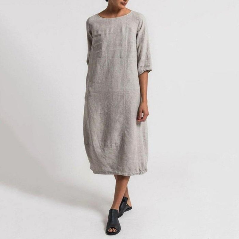 Women's Midi Dress - Linen Blend - 3/4 Sleeve Loose Fit - Breathable Casual Wear