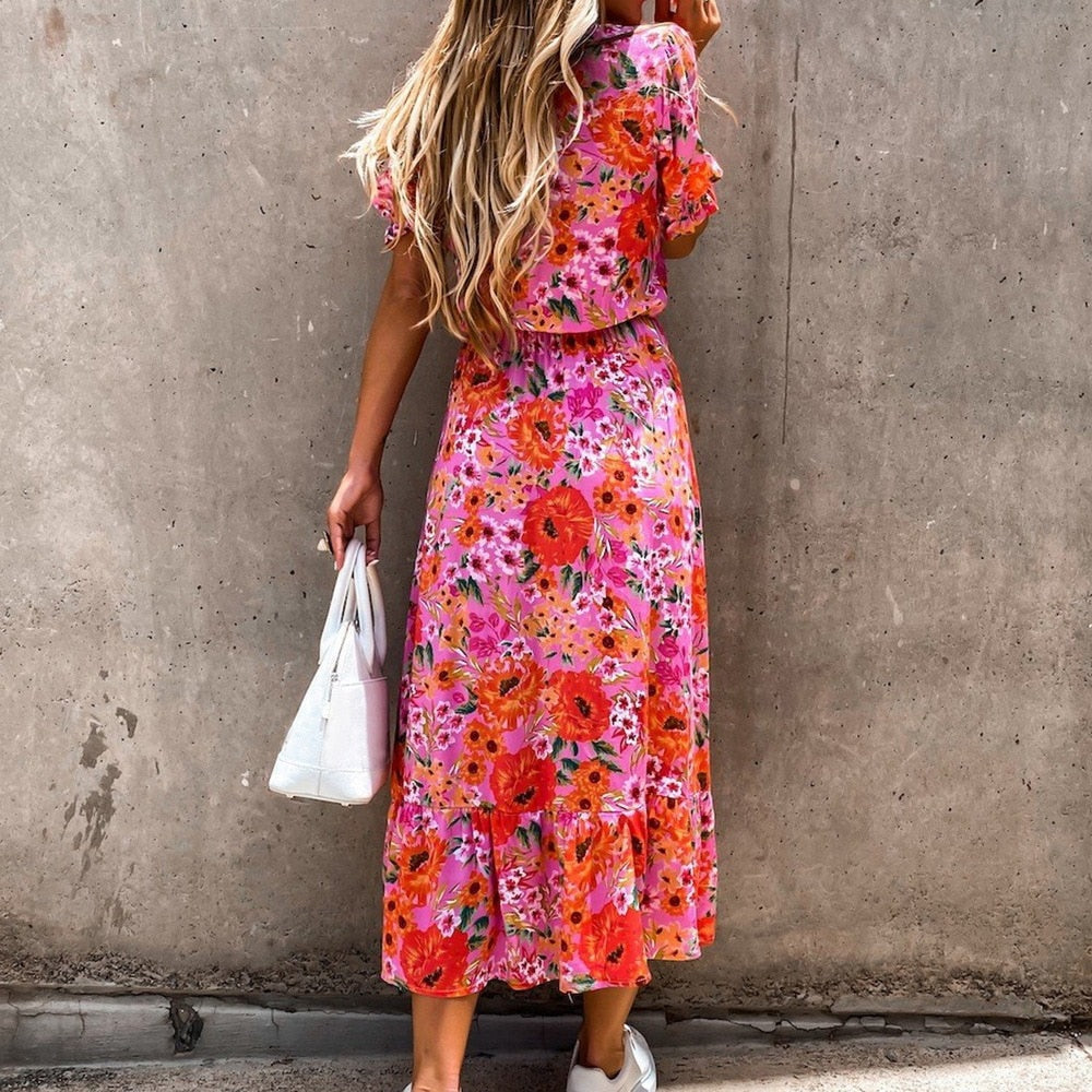 Women's Midi Wrap Dress - Floral Print - Short Sleeve - V-Neck, Waist-Tie Elegant Fit