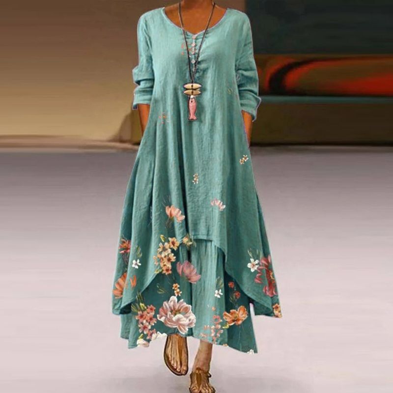 Women's Maxi Dress - Floral Print - Long Sleeve - Flowy A-Line Elegant Fit