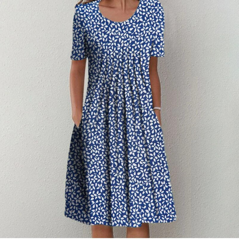 Women's Floral Dress - A-Line Flowy Fit - Short Sleeve Round Neck - with Pockets