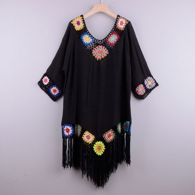 Women's Boho Beach Cover-Up - Lightweight Crochet Tunic - V-Neck, 3/4 Sleeve, Fringe Hem