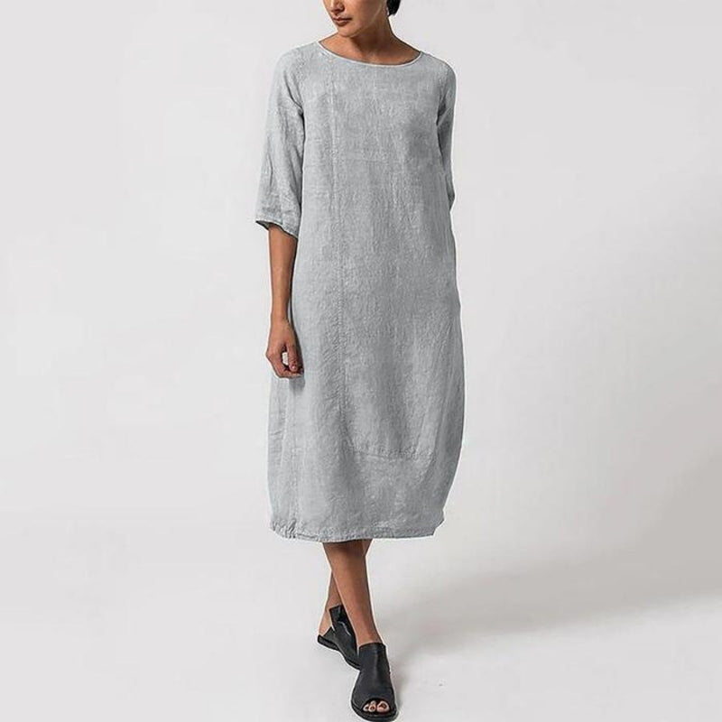 Women's Midi Dress - Linen Blend - 3/4 Sleeve Loose Fit - Breathable Casual Wear