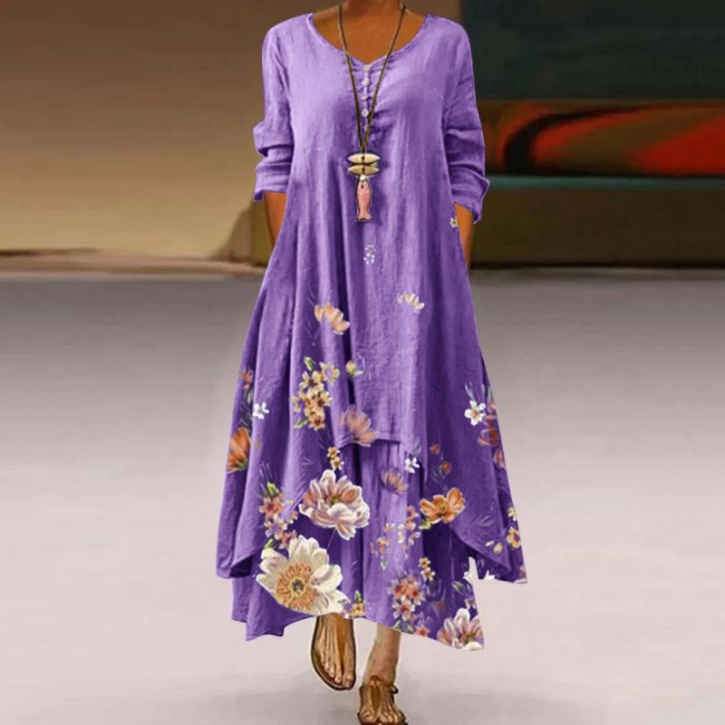 Women's Maxi Dress - Floral Print - Long Sleeve - Flowy A-Line Elegant Fit
