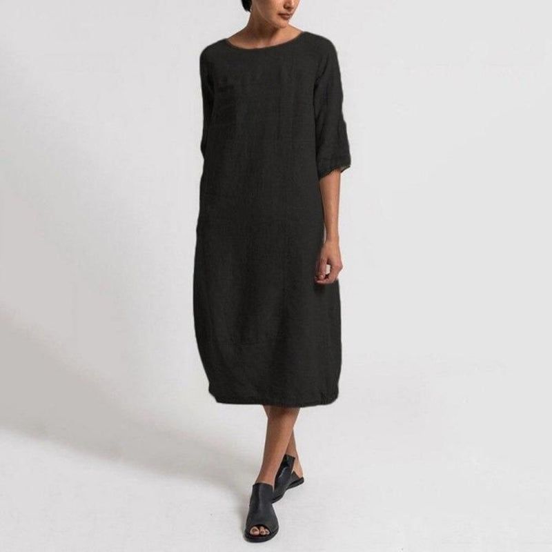Women's Midi Dress - Linen Blend - 3/4 Sleeve Loose Fit - Breathable Casual Wear