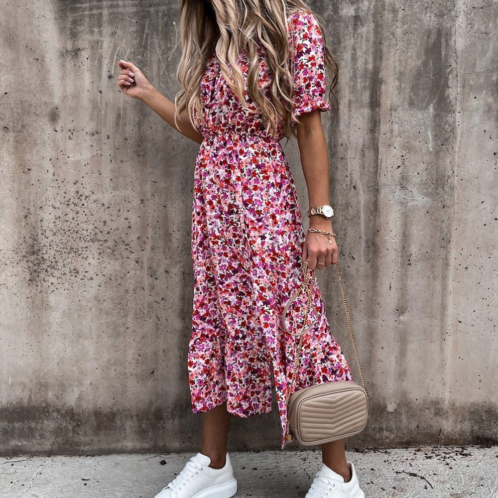 Women's Midi Wrap Dress - Floral Print - Short Sleeve - V-Neck, Waist-Tie Elegant Fit