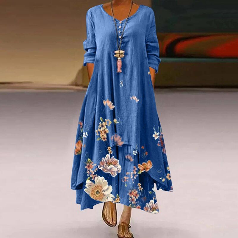 Women's Maxi Dress - Floral Print - Long Sleeve - Flowy A-Line Elegant Fit