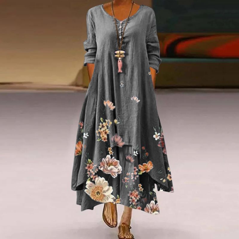 Women's Maxi Dress - Floral Print - Long Sleeve - Flowy A-Line Elegant Fit