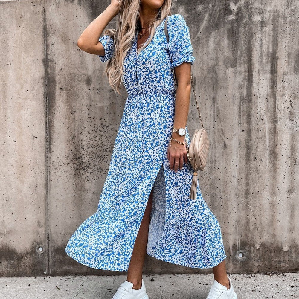 Women's Midi Wrap Dress - Floral Print - Short Sleeve - V-Neck, Waist-Tie Elegant Fit