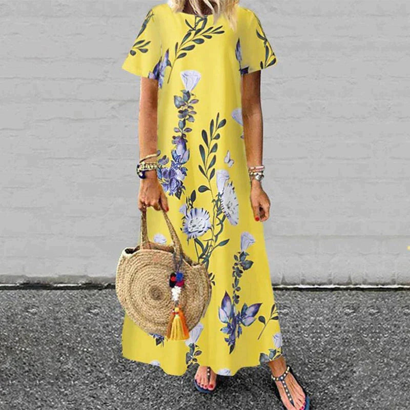 Women's Maxi Dress - Floral Print - Short Sleeve - Flowing Loose Fit - Round Neck
