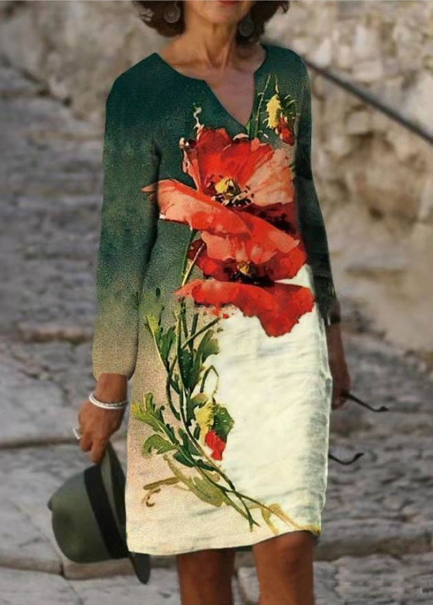 Women's Dress - Knee-Length Notched Neck - Short Sleeve Elegant Floral Pattern