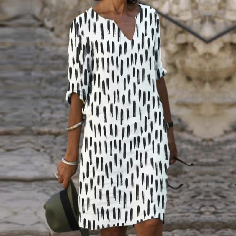 Women's Casual Dress - Knee-Length Relaxed Fit - V-Neck 3/4 Sleeve - Lightweight Breathable